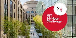Aerial view of the walkway between a glass building and a brick building leading toward MIT's Great Dome. Overlaid on the photo is the MIT 24Hour Challenge logo .