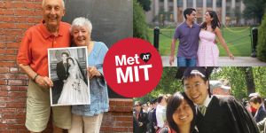 A photo collage with images of three couples with a logo in the middle that says Met @ MIT