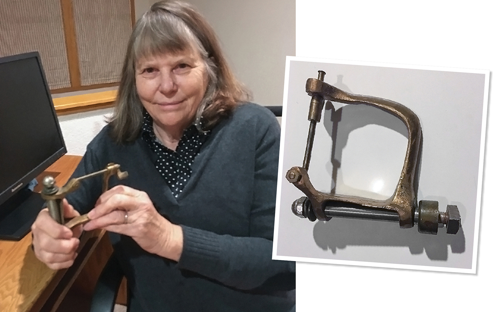 A photo of MIT alum Diane Marie McKnight holding a bronze oarlock (left) and a close up of the oarlock (right)
