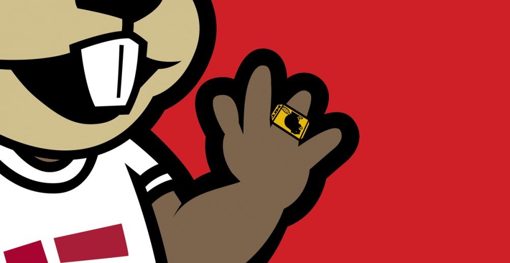 Cartoon of Tim the Beaver waving wearing a Brass Rat ring.
