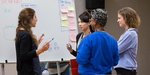 Four women converse in front of a white board covered with post-its.