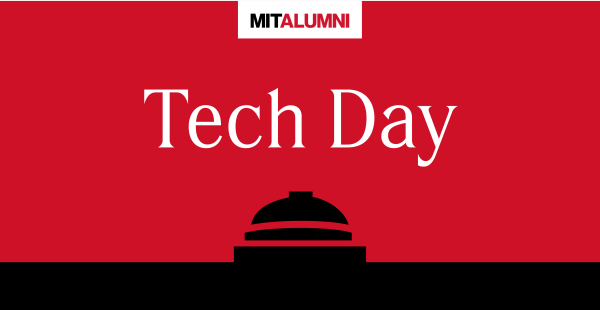 Image: Graphic of a the MIT Dome on a red background with text reading MIT Alumni Tech Day