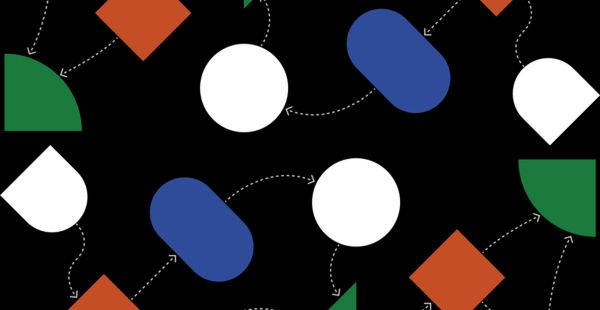 Simple shapes like circles and squares are connected by dotted lines, against a black background.