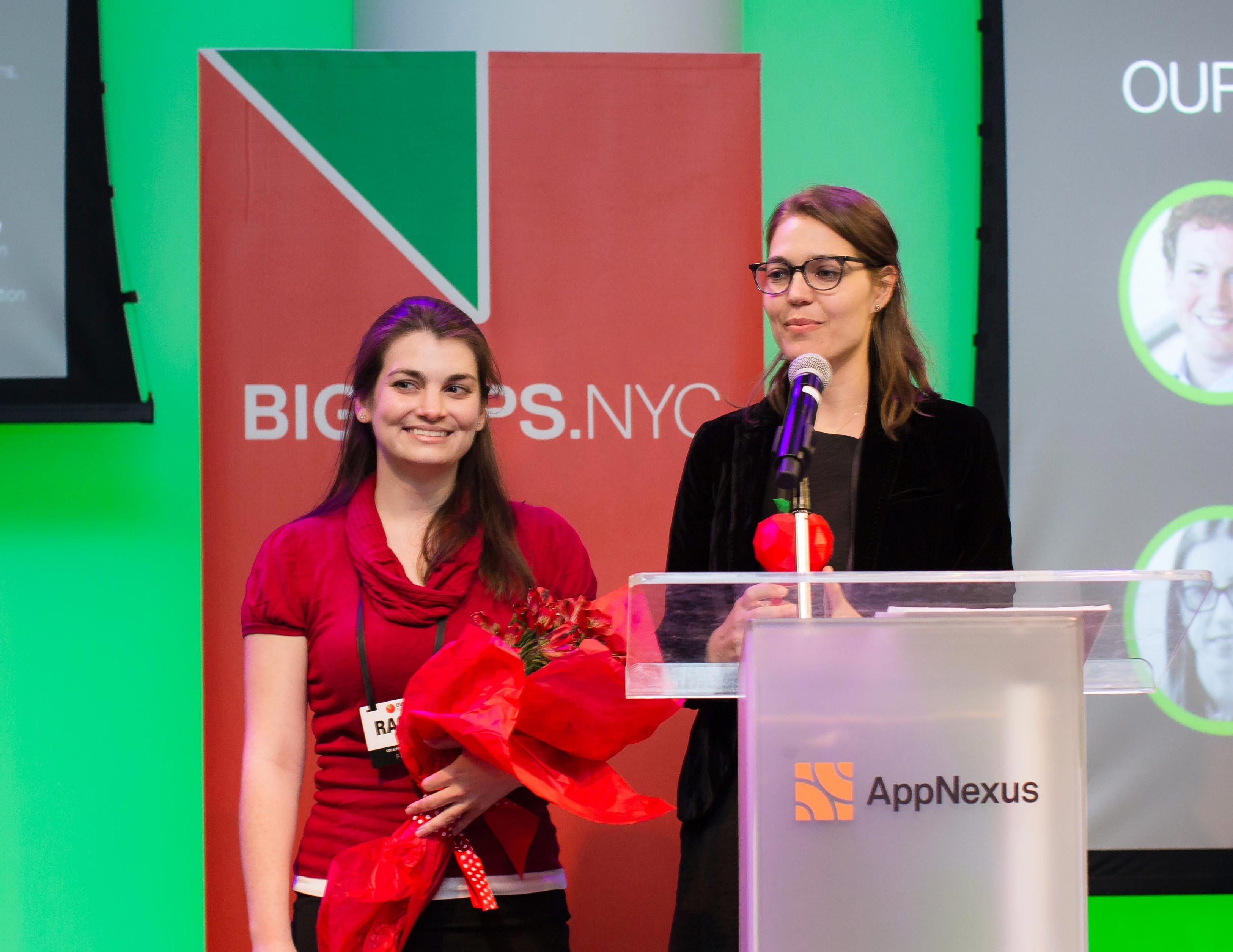 Nesterly cofounders Rachel Goor MCP ’17 and Noelle Marcus MCP ’17 winning the Community Resilience Prize at the NYC BigApps Grand Prize Winners Award Ceremony (5/23/17). Photo: Bekka Palmer