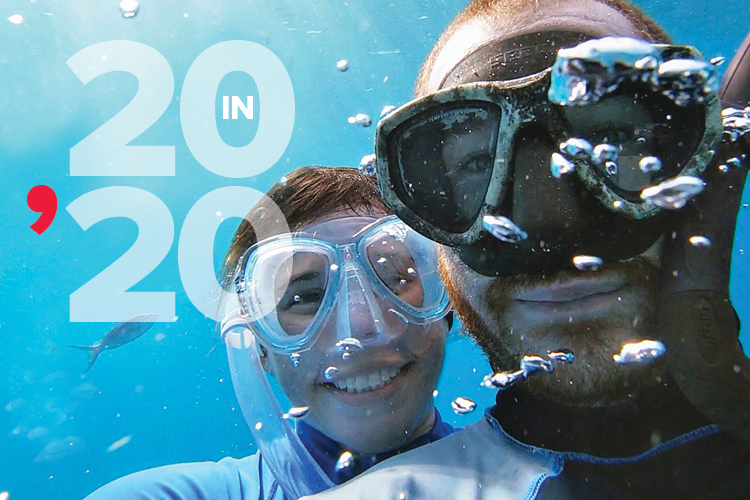 Image of snorkelers underwater, with the text "20 in '20"