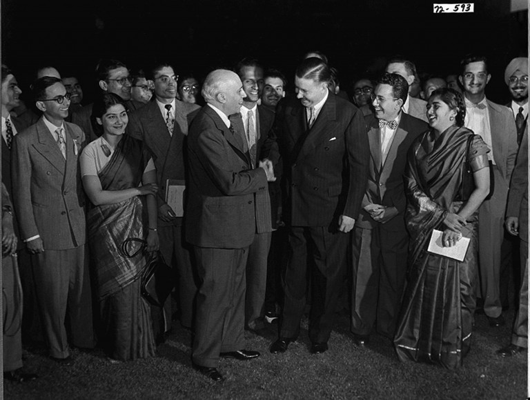 Jawaharlal Nehru, India’s first prime minister, visited MIT campus in 1949 and met with Indian students and MIT President James Killian. Image: Truman Library