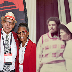 A photo of Beverly (Dalrymple) Morrow and Curtis Morrow shown left at MIT Tech Reunions and right on their wedding day