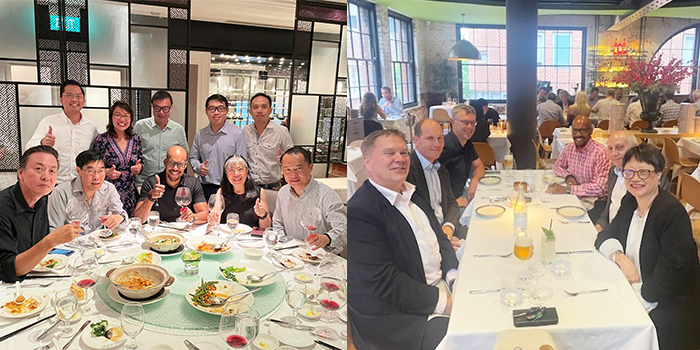 An image with two photos side by side showing MIT alum Robert Wickham sitting in a restaurant at dinner with people