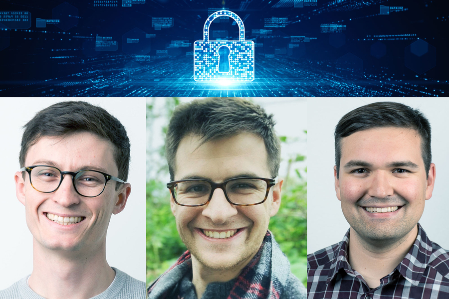 Three MIT alumni portraits with a digital lock above their heads