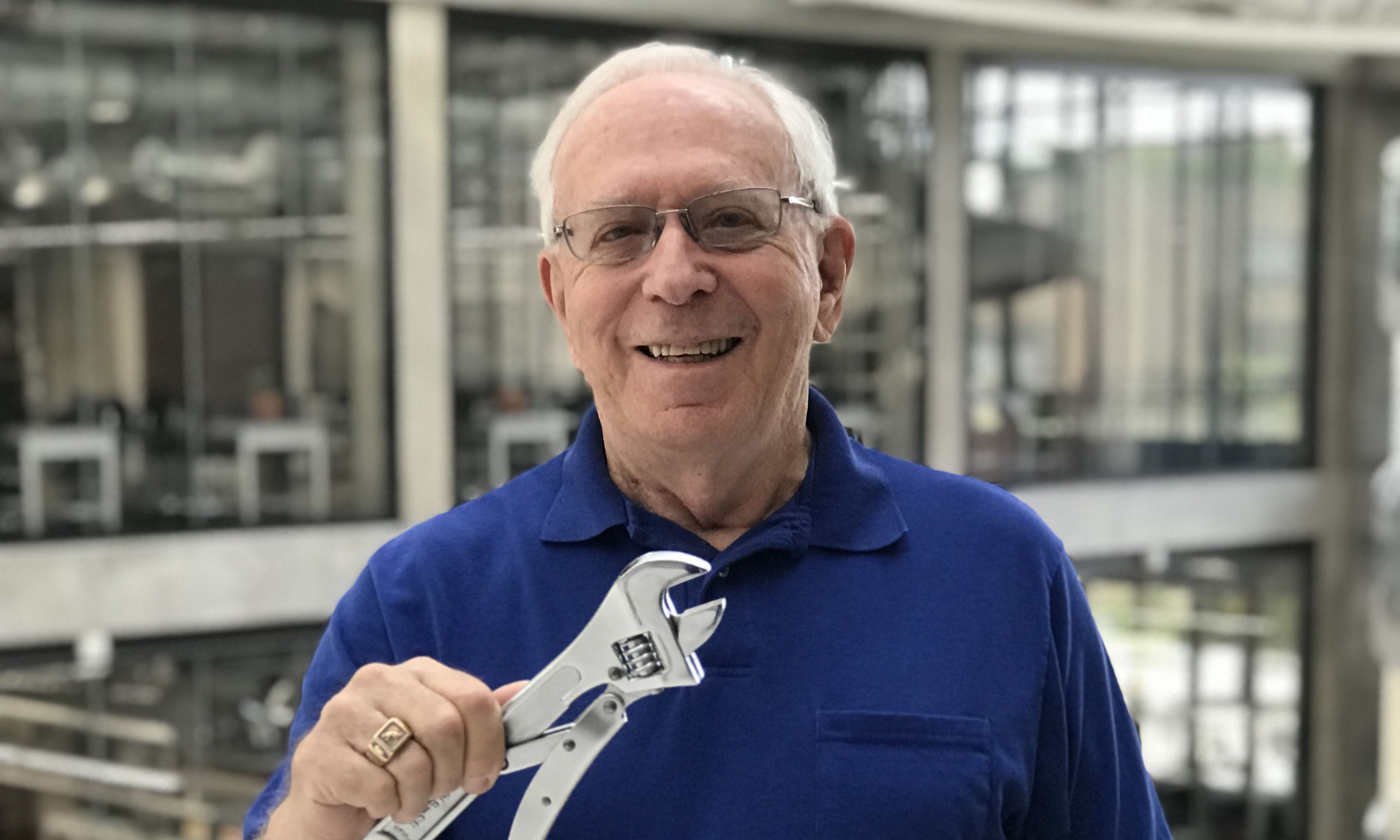 Robert G. Gottlieb ’60, SM ’61 with the adjustable wrench he invented.