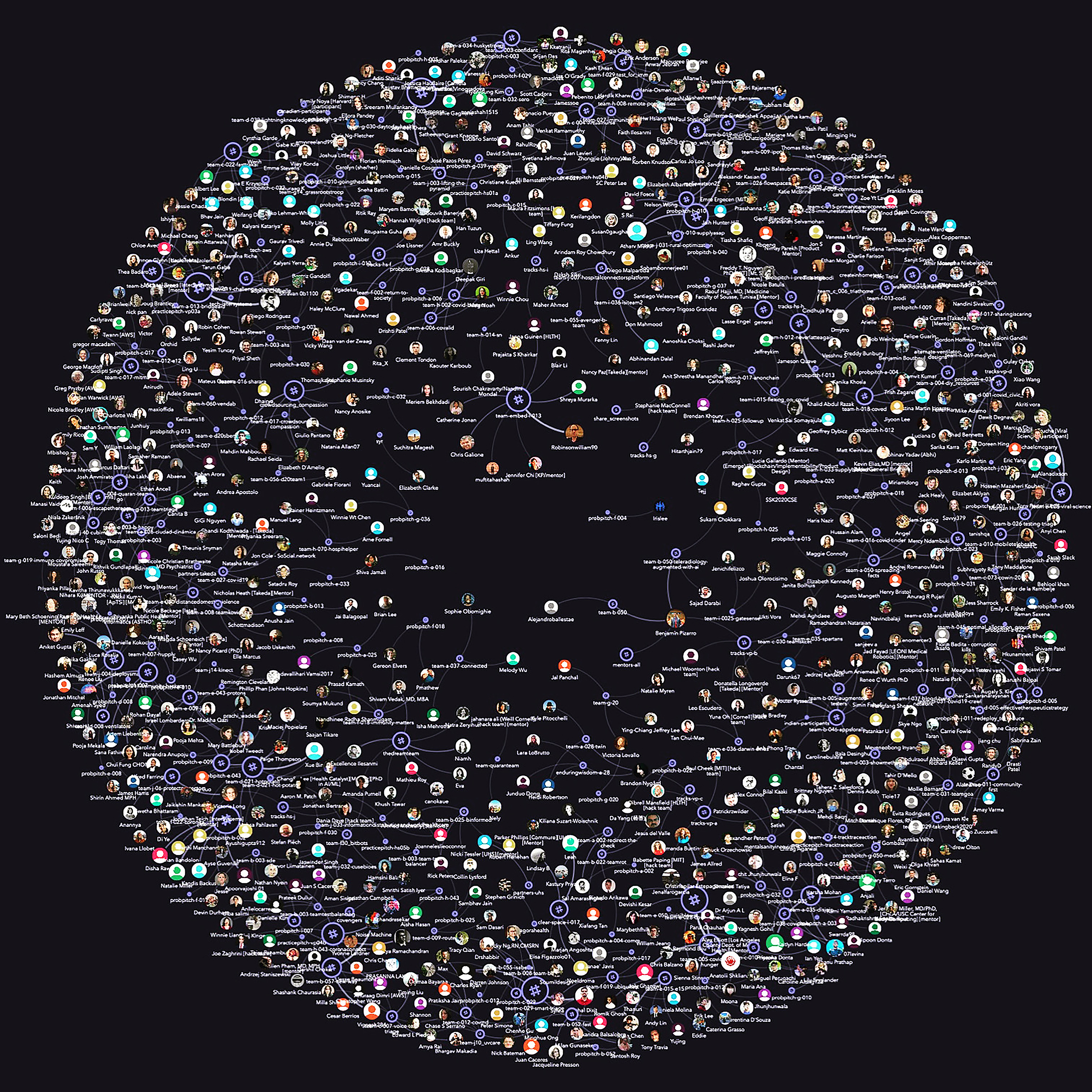 Sphere-shaped graphic shows network of partners and collaborators from the MIT Covid-19 Challenge