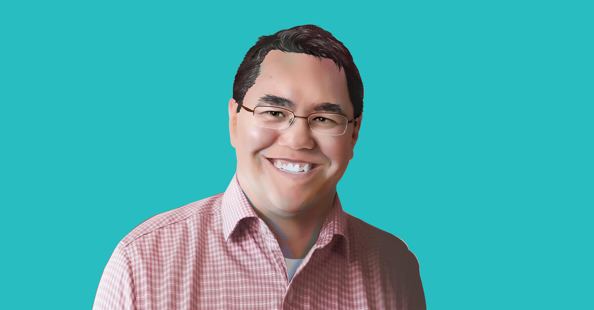 Artistic rendering of a portrait of George Chu, smiling, wearing a red checked shirt against a solid blue background