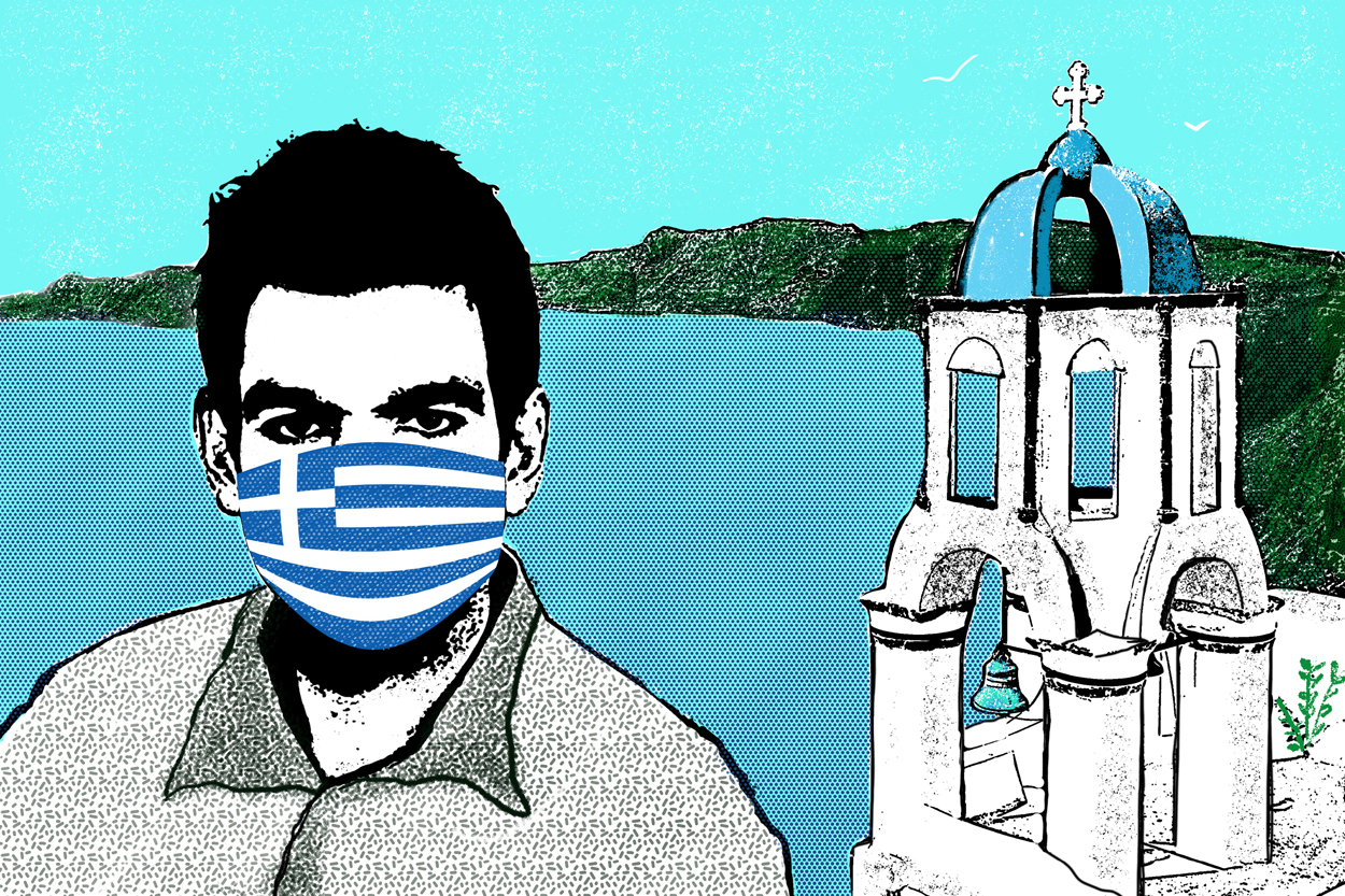 Illustration: a man wearing a protective mask with the Greek flag on it, in front of a Greek landscape with blue water and a white church