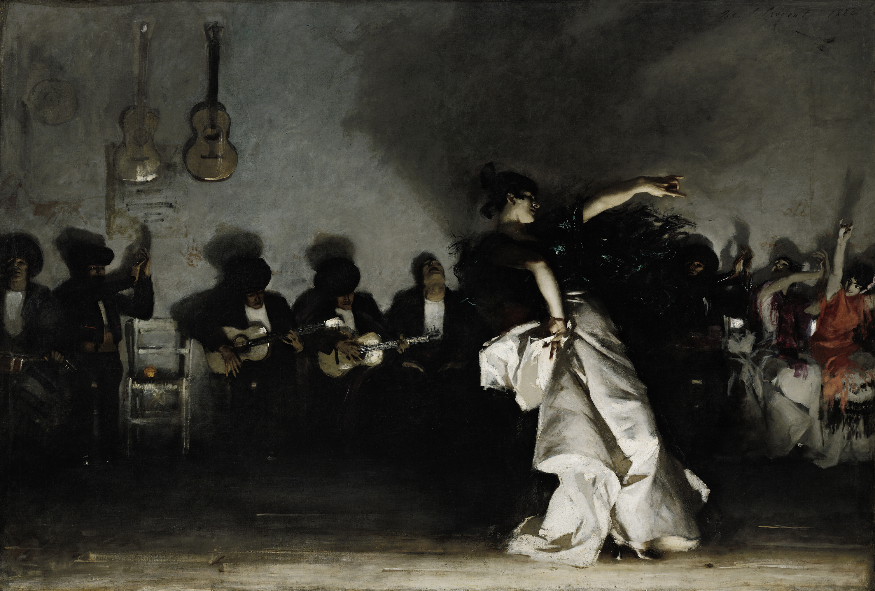Painting: a woman in a gown dances in front of a line of seated musicians