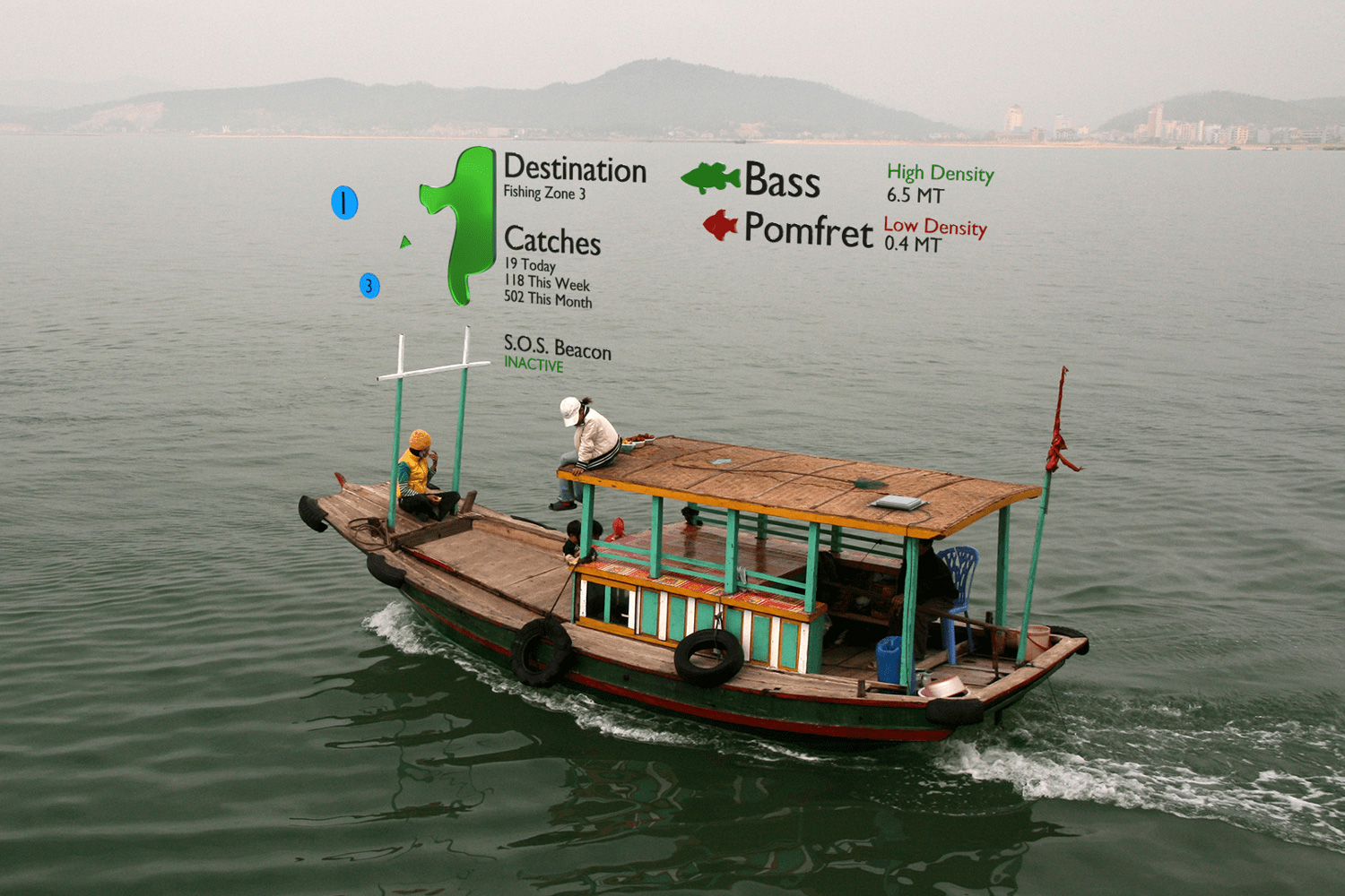 boat in the water with people and graphics on the image