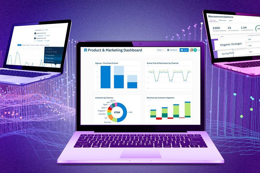 Purple background with three laptops showing charts and graphs 