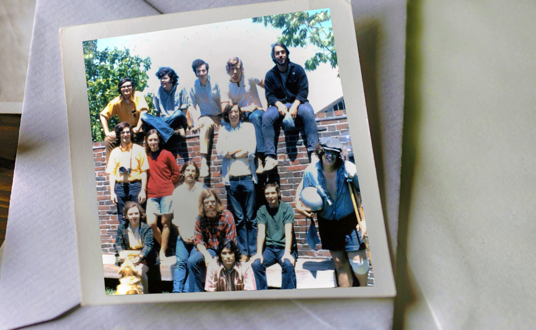 Group of MIT alumni as students in 1973 outside Baker House 