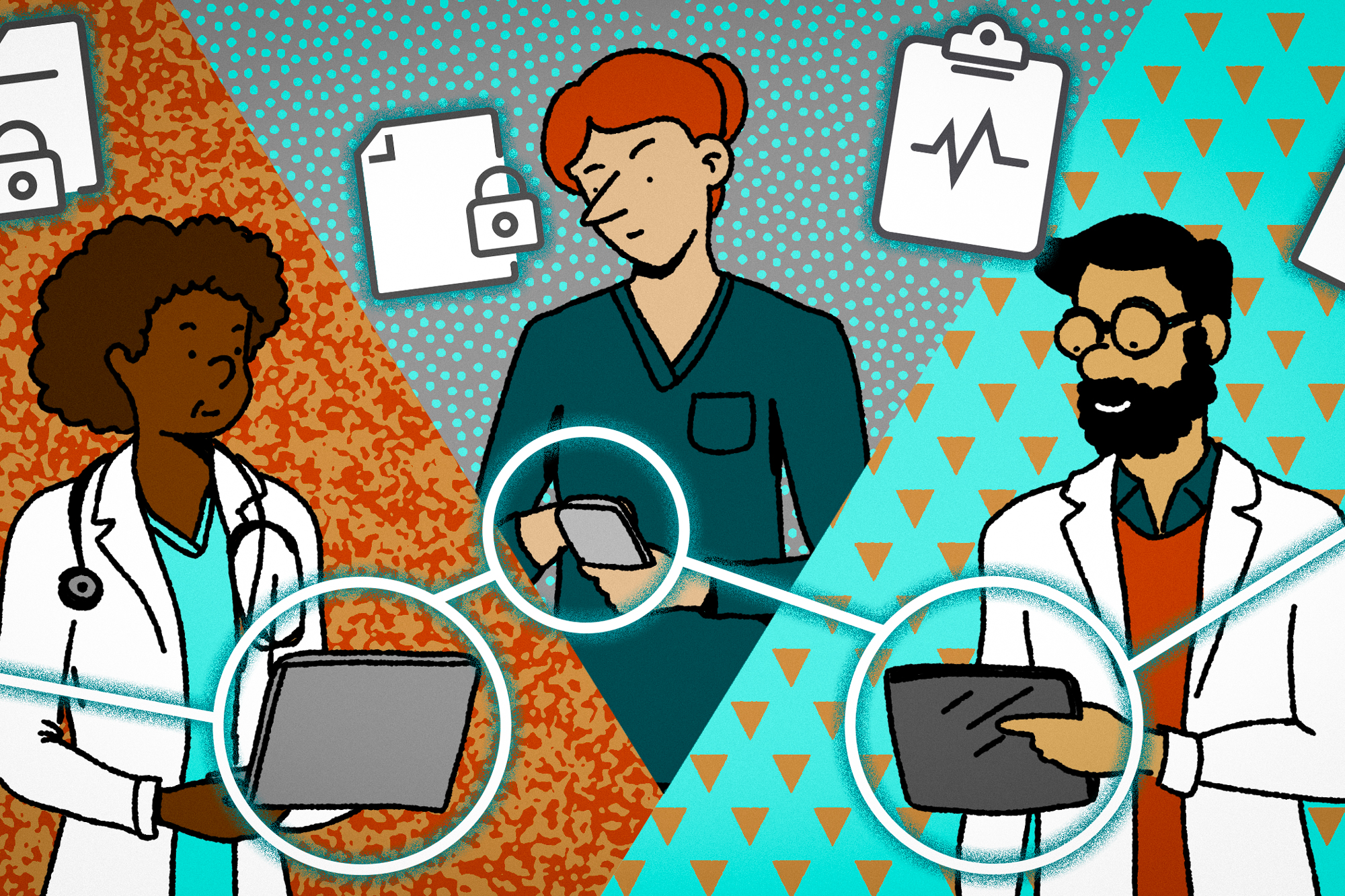 Illustration of three doctors holding technology 