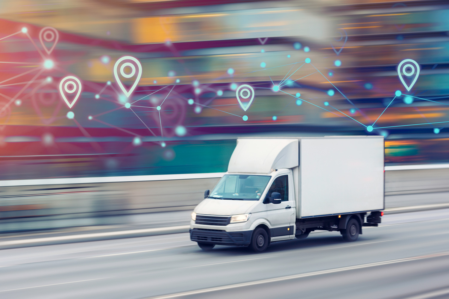 A white delivery truck on the highway with a blurred background and location datapoint overlayed