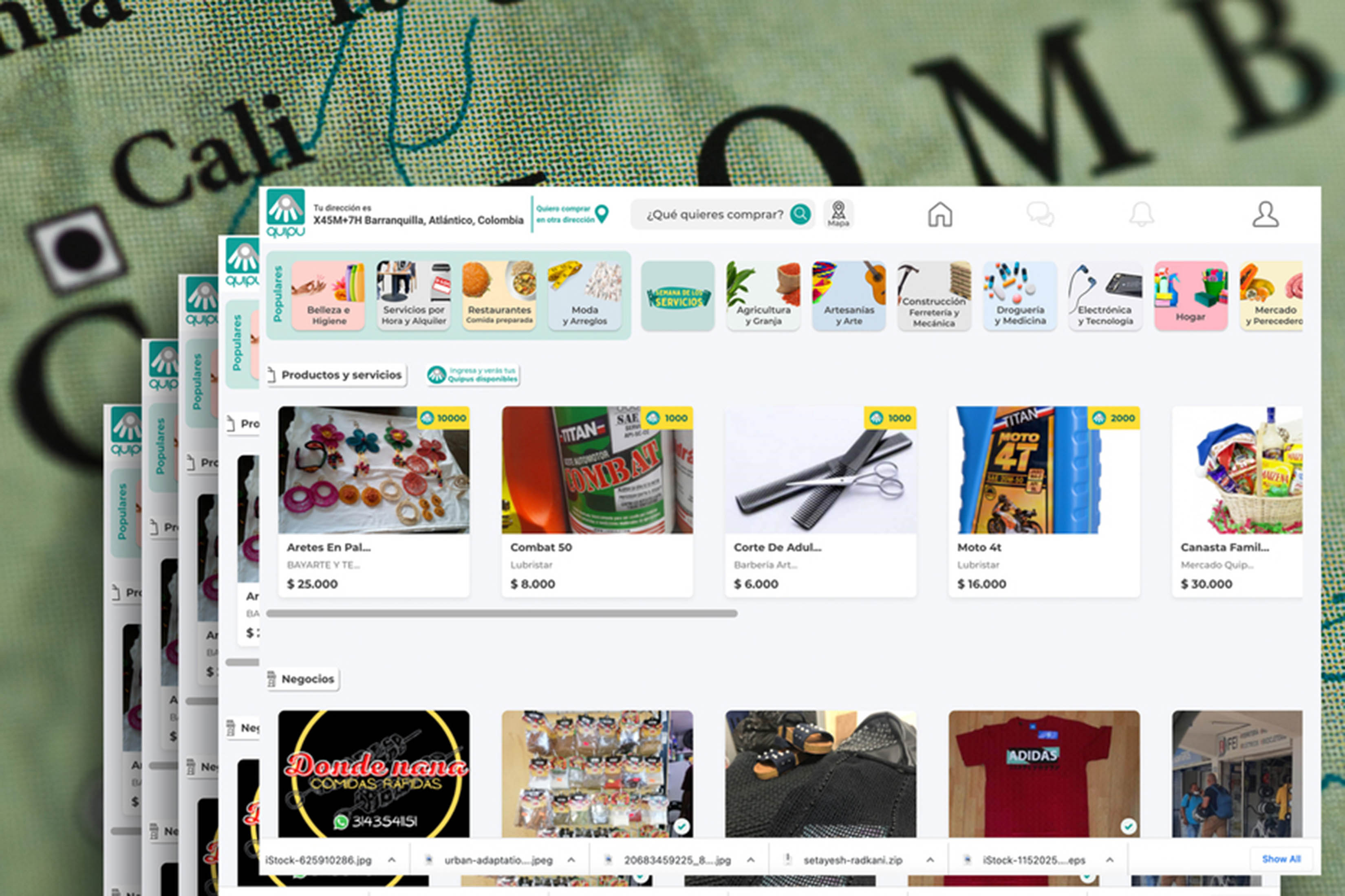 Screenshots of the Quipu market webpage showing household products for sale