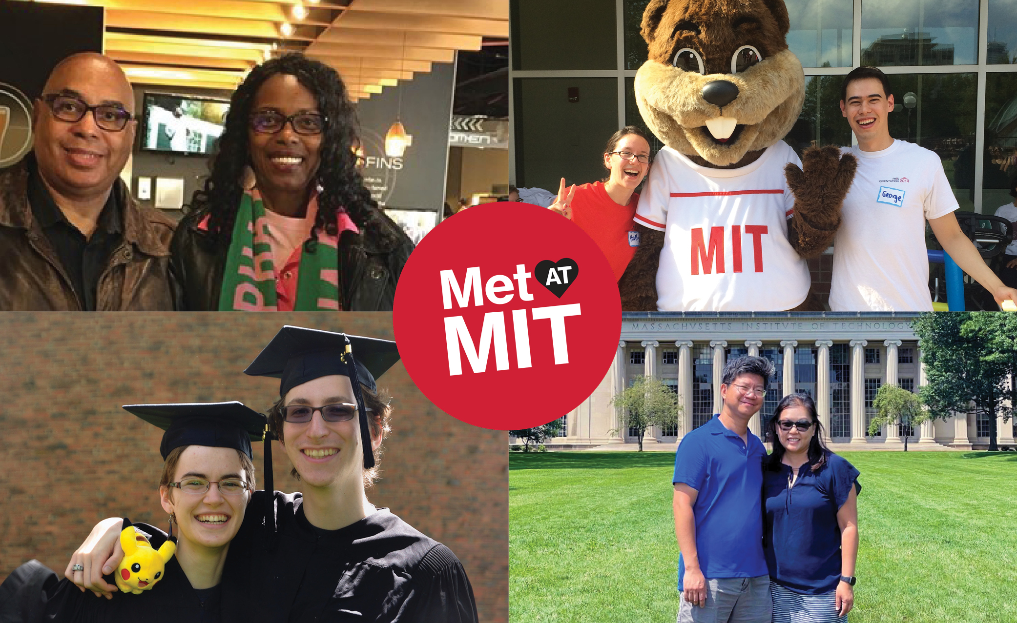 An image made up of four photos of couples that met at MIT, with a graphic that says Met @ MIT in the middle in a red circle