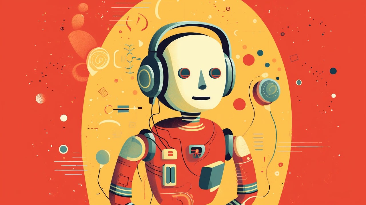 An orange background with a yellow circle inside and an orange bodied robot in the middle wearing headphones, surrounded by circles and dots 