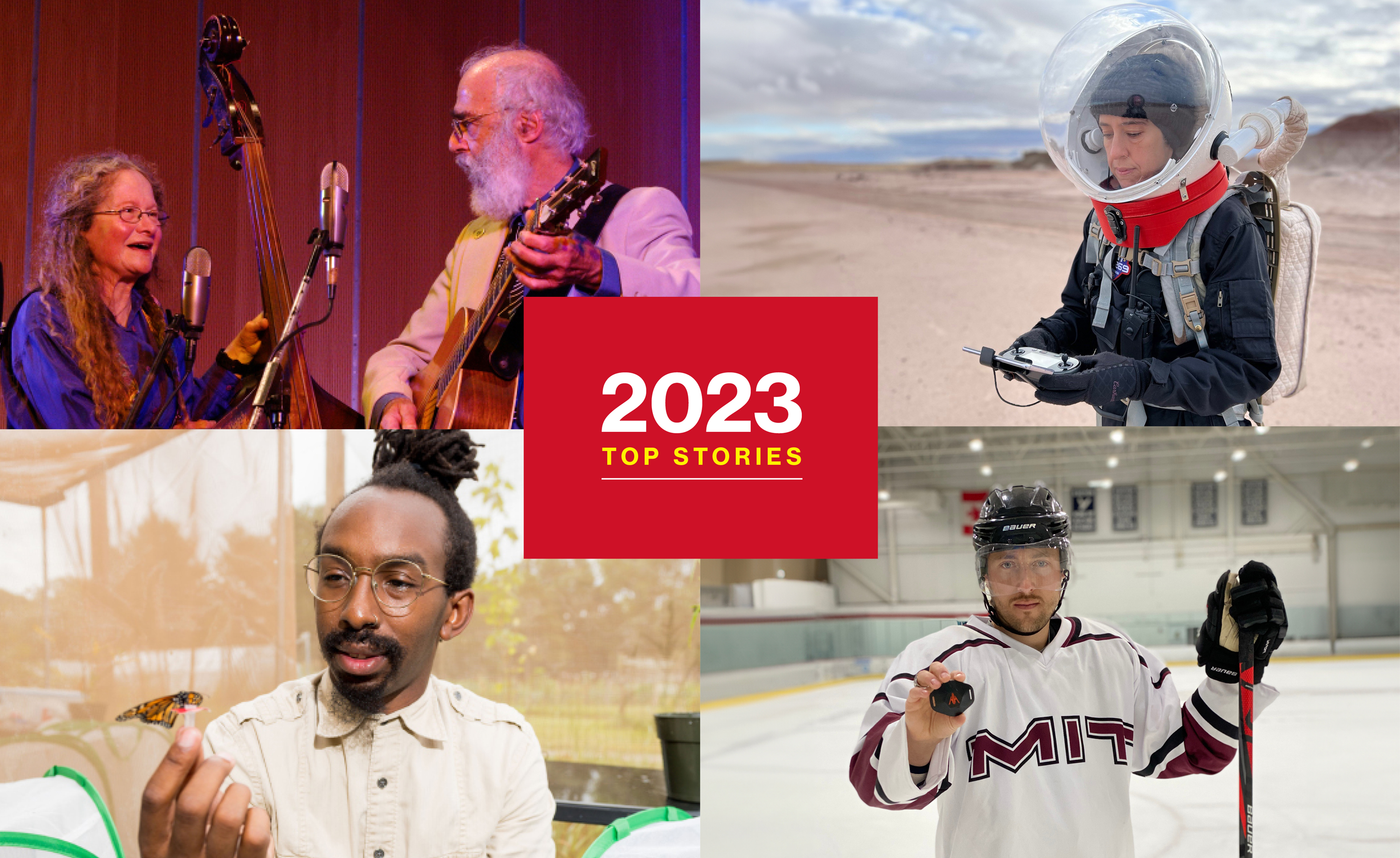 A grid of four images (clockwise from top left): A man and women playing instruments, a woman with a space suit on with a desert-like background, a man at an indoor rink wearing a hockey uniform and holding a puck, and a man holding a monarch butterfly