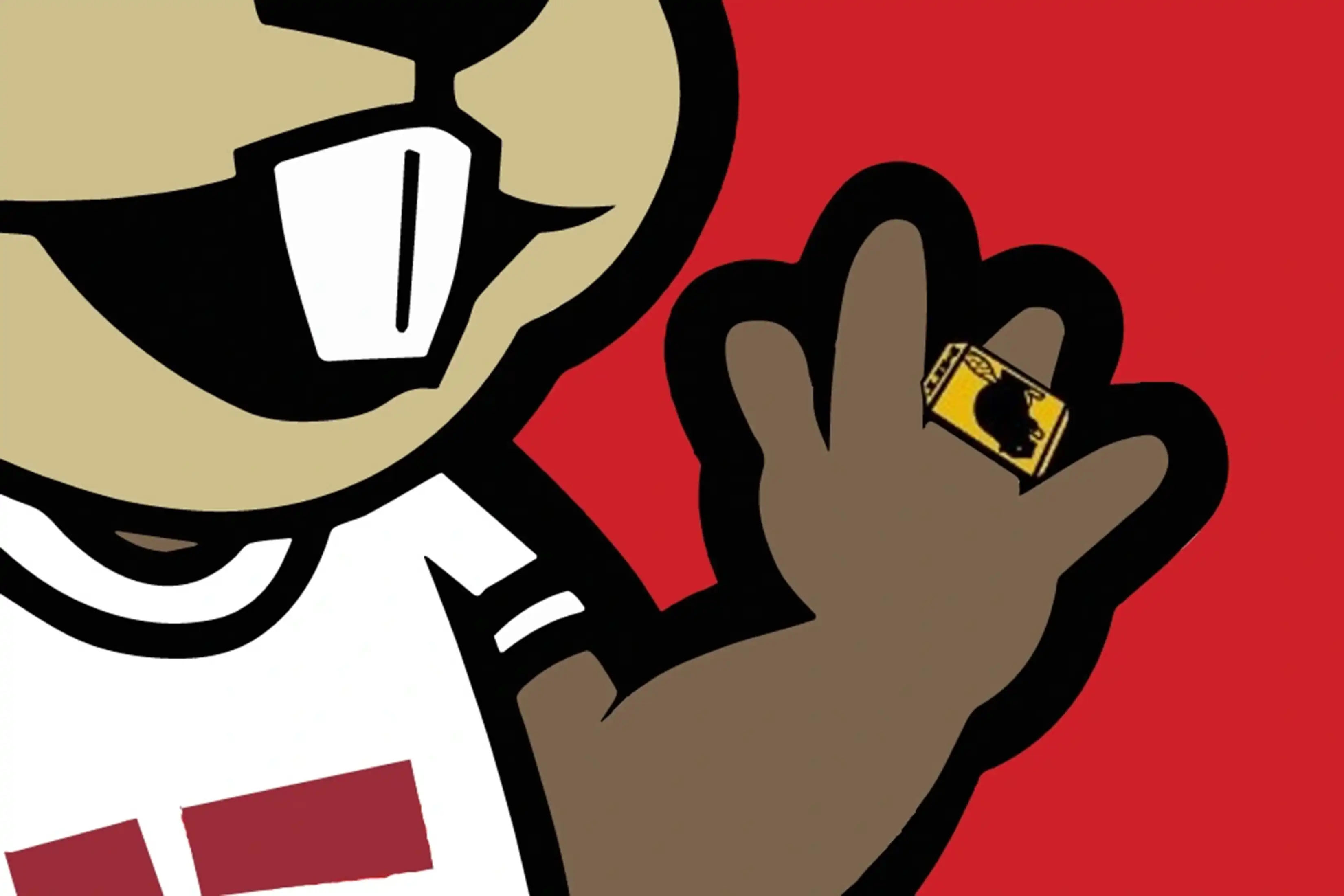 Tim the Beaver cartoon showing lower half of beaver's face and a hand with a Brass Rat