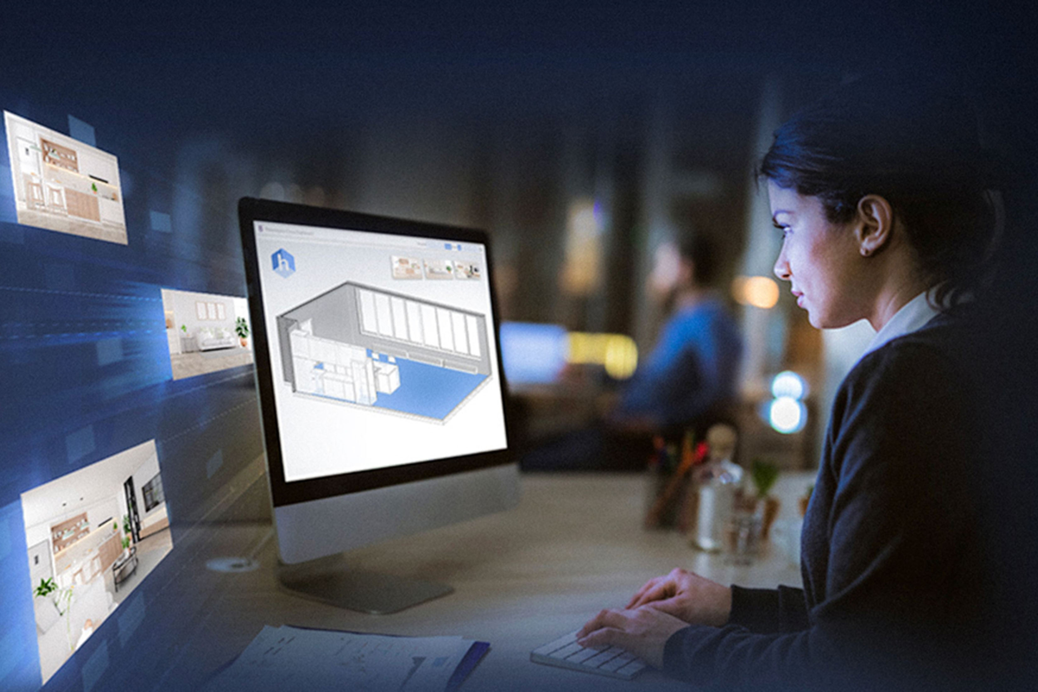 A woman looks at a rendering of a room on her laptop, with other screens showing room views floating around the laptop.