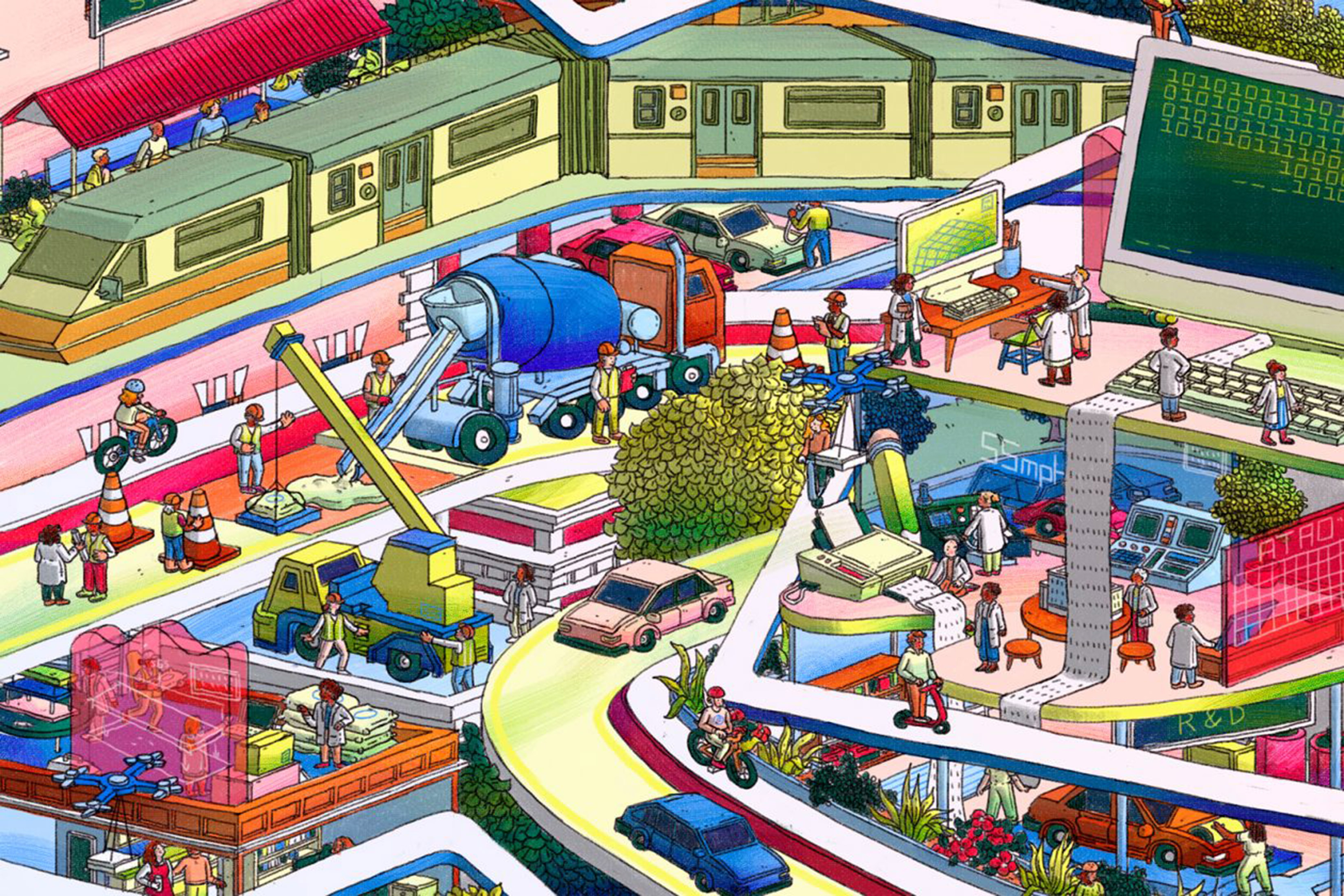 Illustration shows a busy array of real and unreal scenes, including a train, a drone, a cement mixer, cars, computers bigger than people, and intersecting roads.