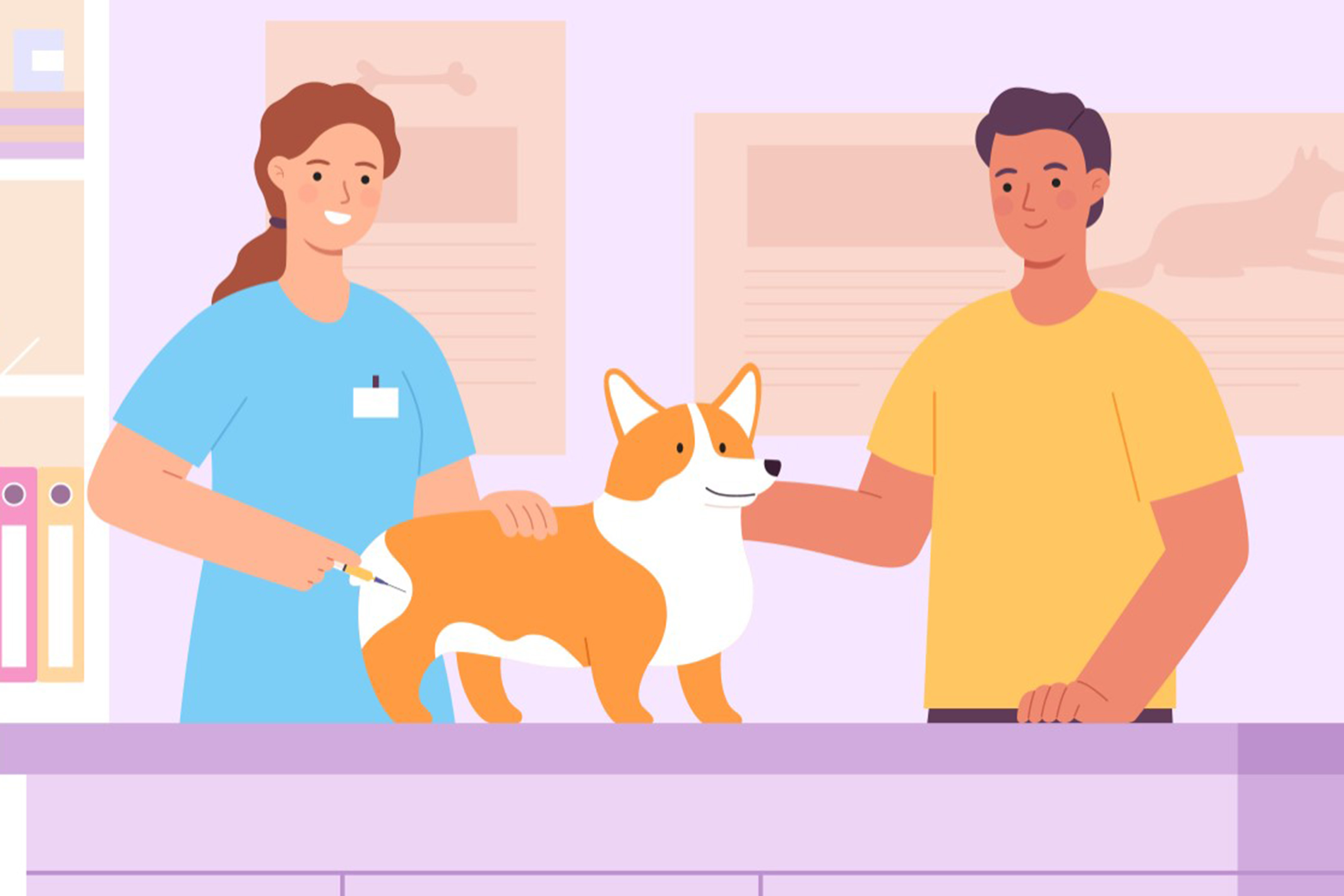 Illustration depicts a dog getting a shot from a woman in blue scrubs while a man pets the dog's head.