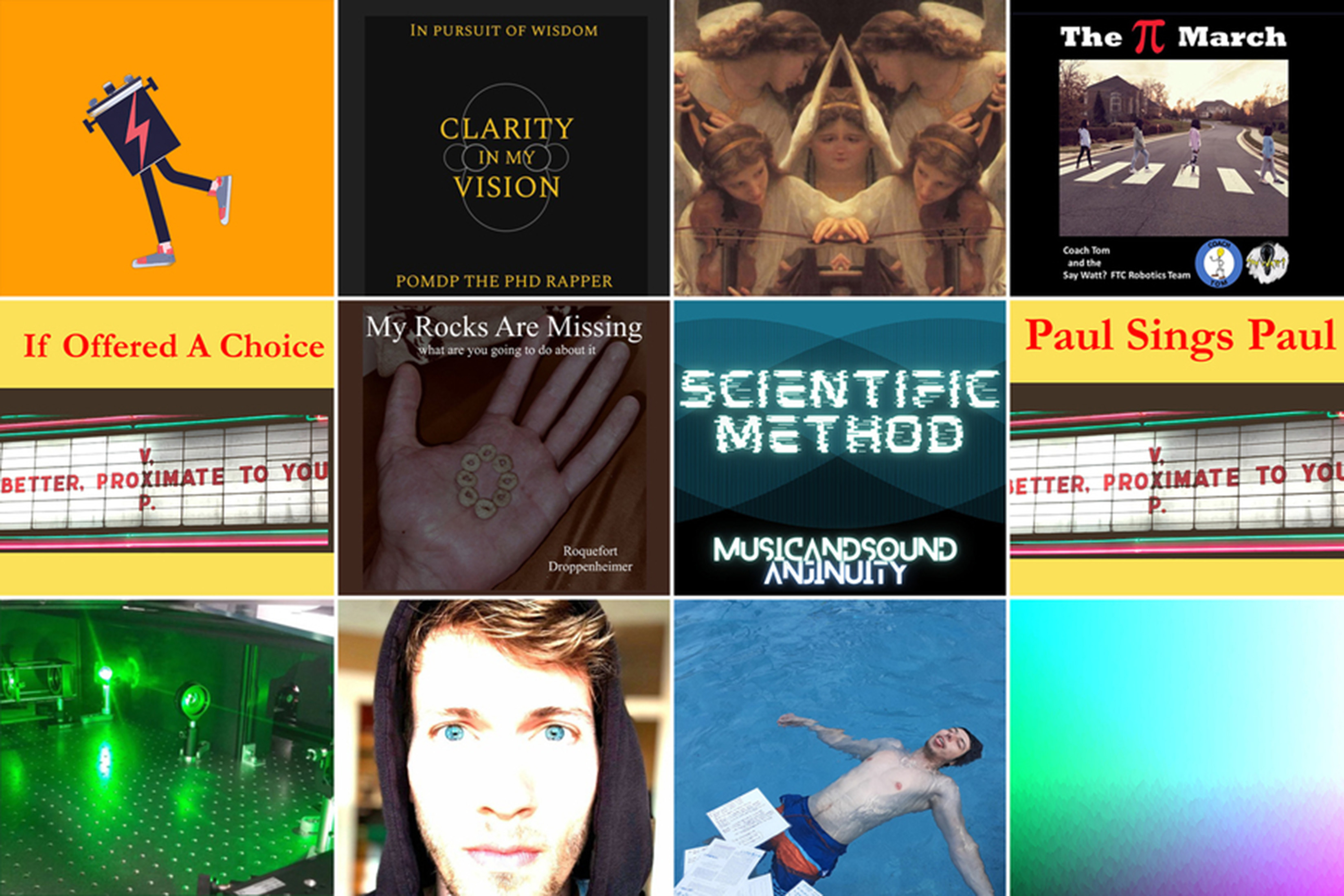 12 album covers arranged in a 4x3 grid. They feature images like a walking battery, green lasers, 4 people walking on a crosswalk like The Beatles’ Abbey Road, and a man floating in a pool. Some of the titles for the songs include: Clarity in my Vision; The Pi March; If Offered a Choice; My Rocks are Missing; Scientific Method; and Paul Sings Paul.