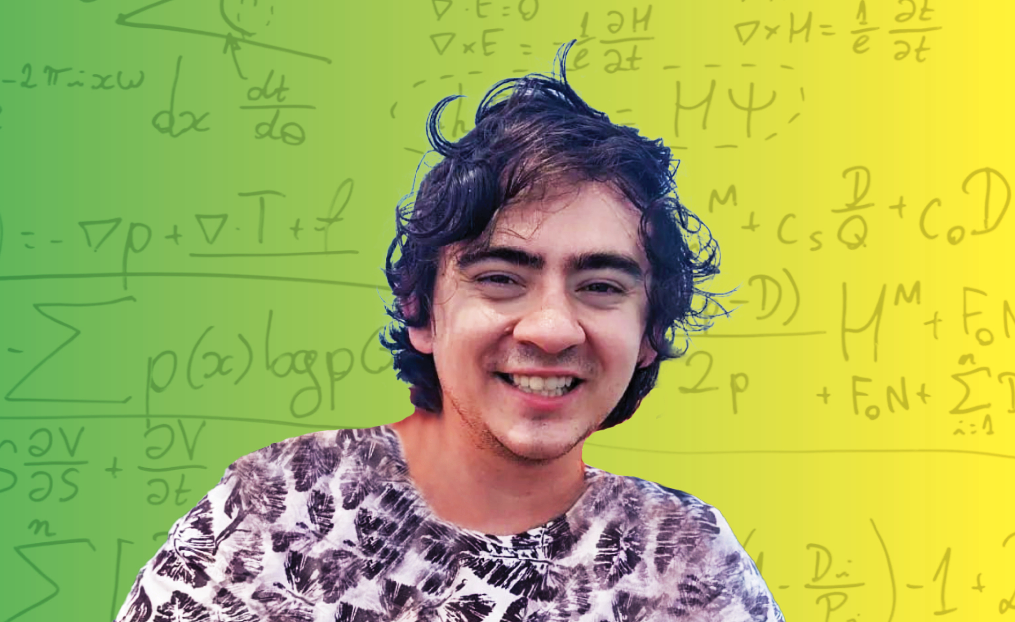 Photo of Jose Esparza over a background of math equations colored in yellow and green