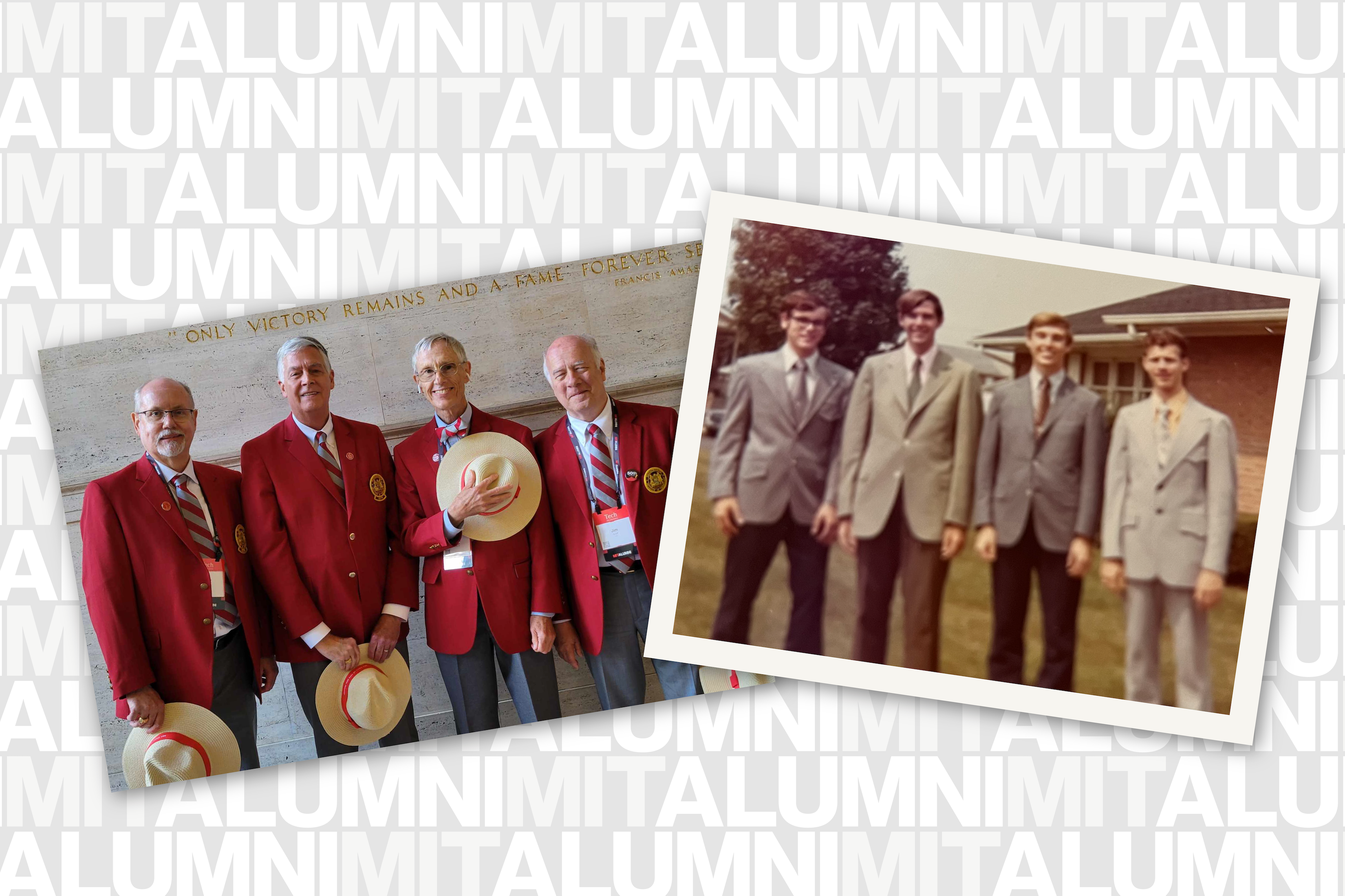 Two photos side by side, with a group of four men, the left one taken recently while at MIT's reunions and the right one a vintage photo from the 1970s, with a background of the MITALUMI logo