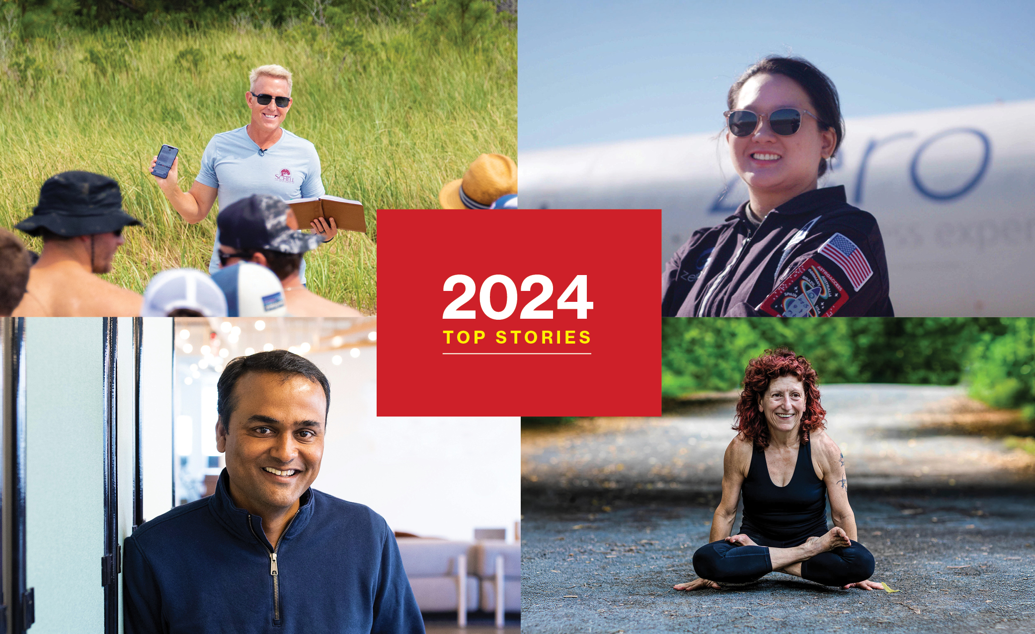 A photo grid with four images of people and a red rectangle with the words 2024 top stories in the middle