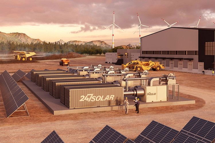 Rendering shows a view of 247Solar’s campus, with solar panels, storage containers, pipes, and vehicles.