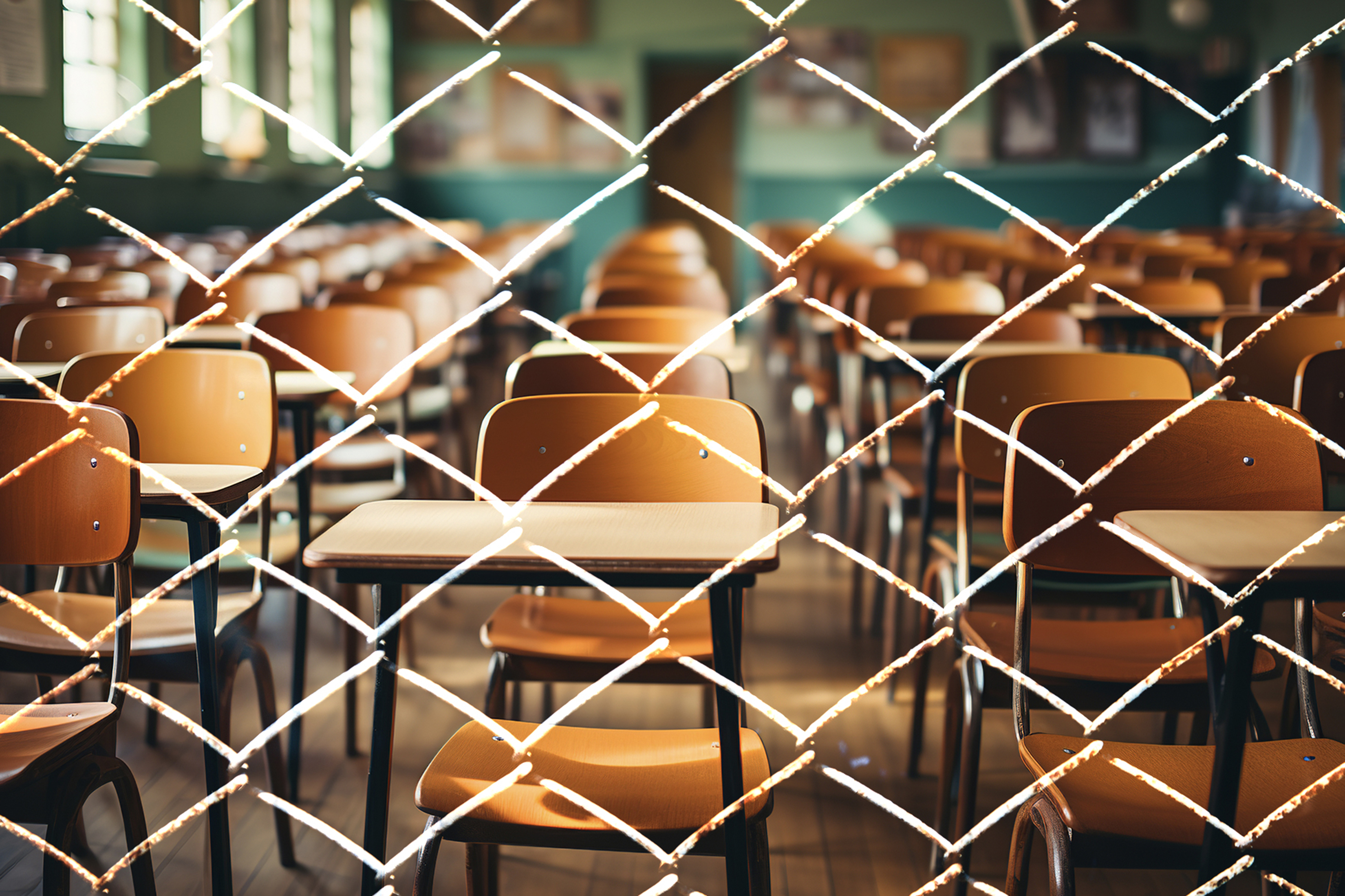 A photo illustration shows rows of wooden school desks apparently viewed through chain link fencing.