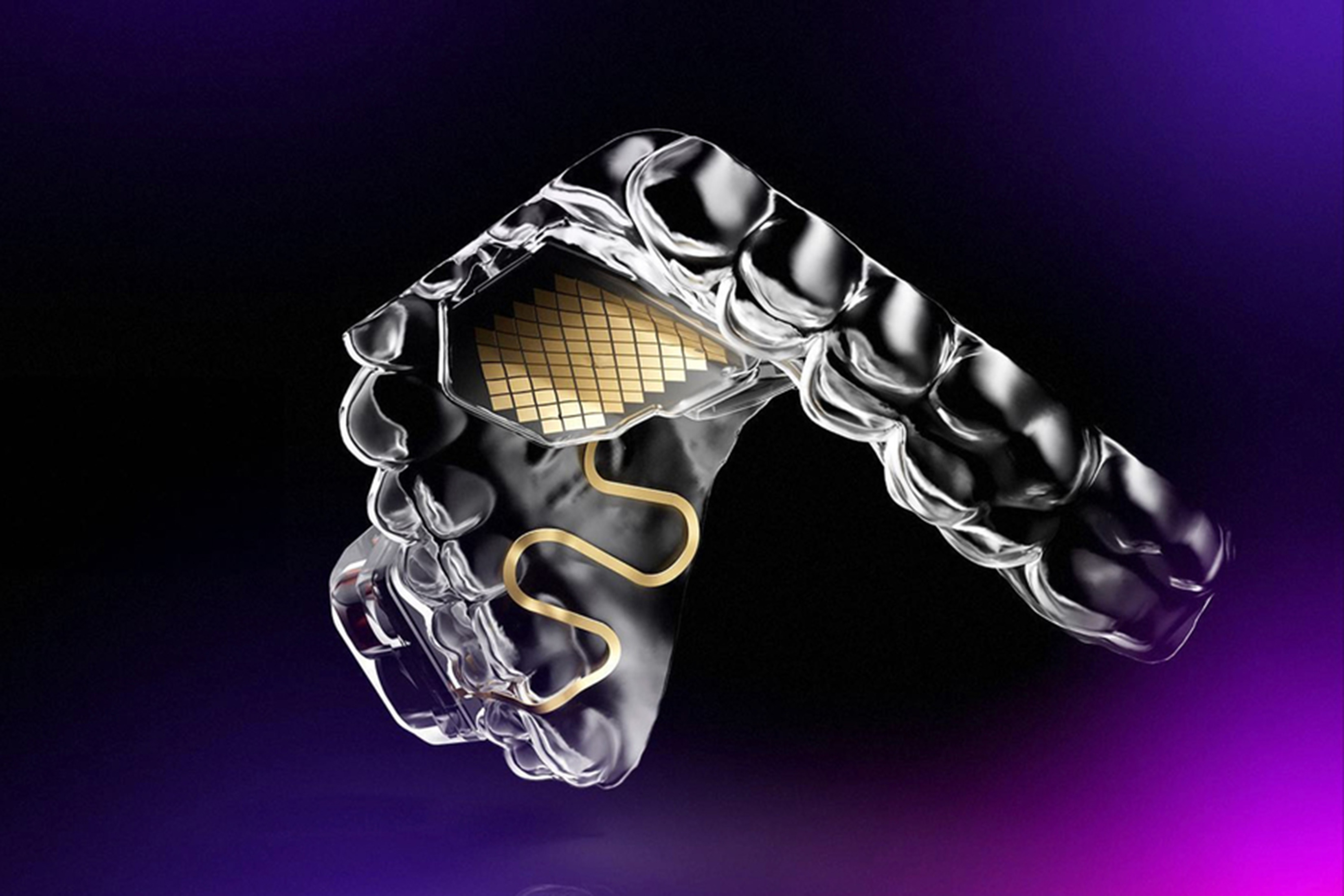 Illustration shows a clear mouthpiece on a purple background with a square gold sensor pad on its palate.