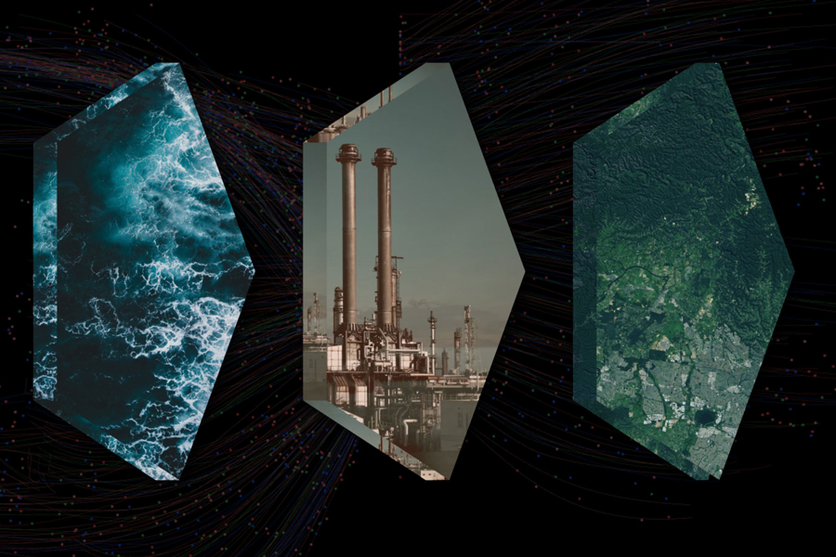 Three photos show the ocean, powerplants, and nature against a dark background.