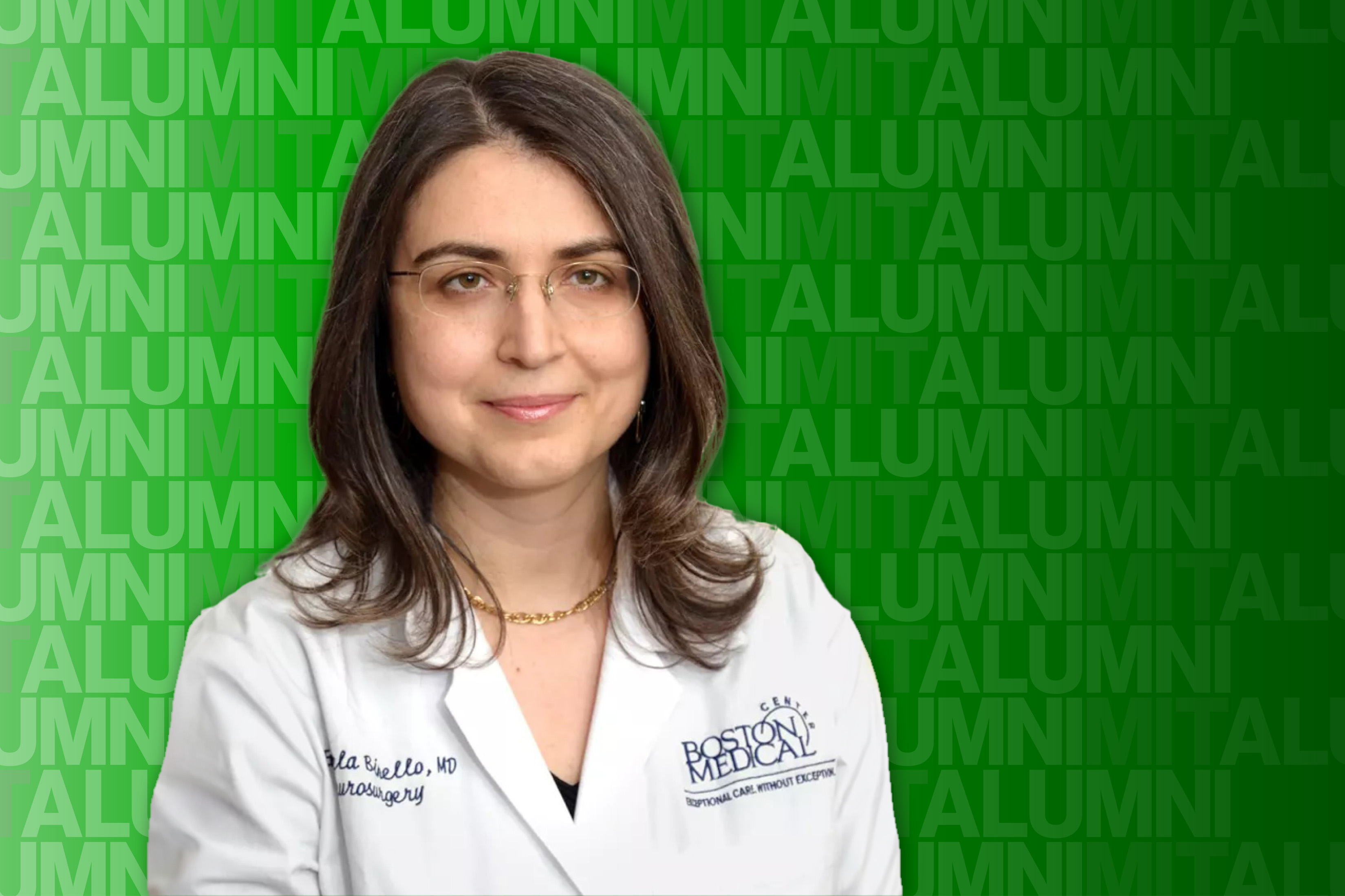 Head and shoulders portrait of Emanuela Binello in a Boston Medical Center lab coat.