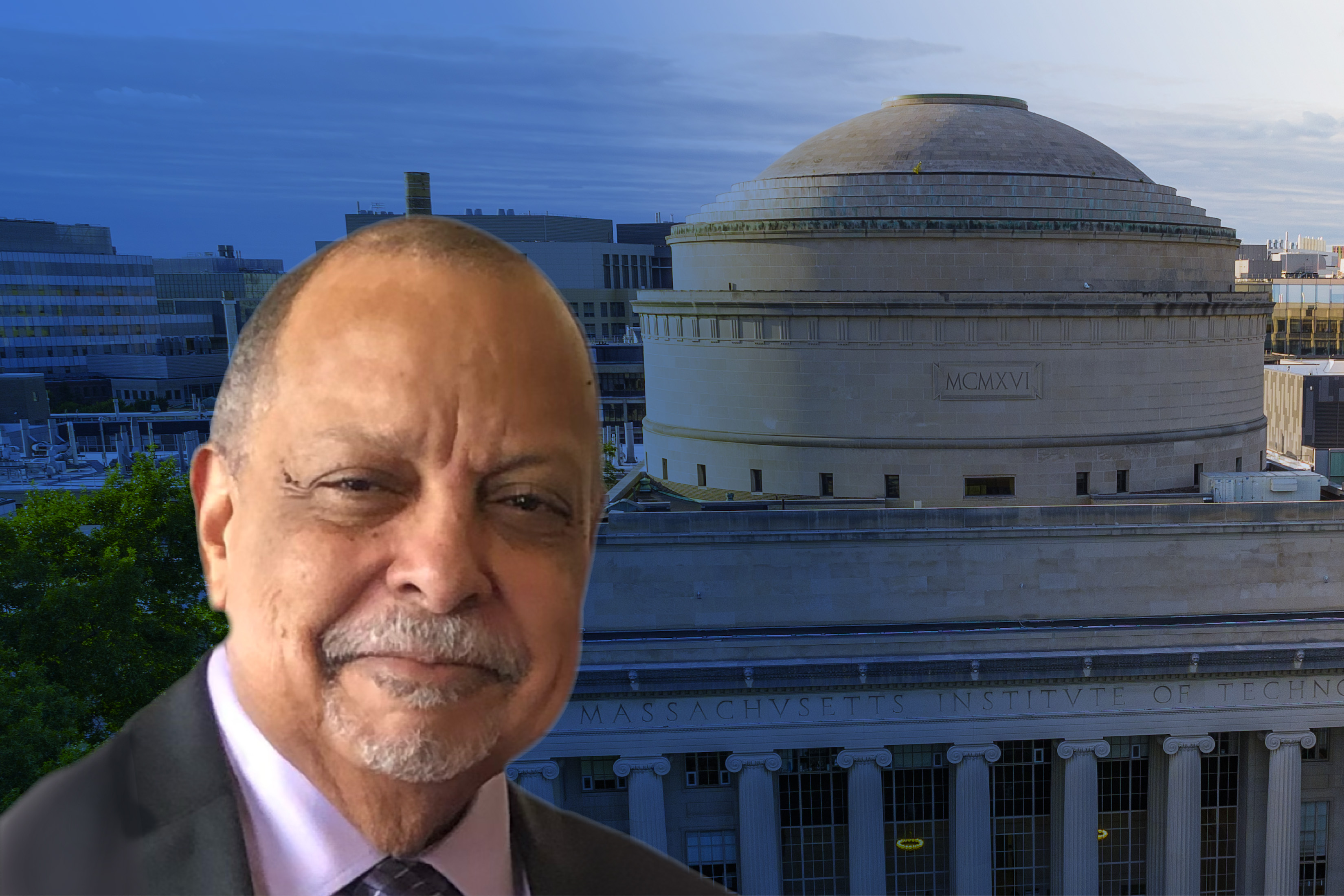 A headshot of Michael Fant is layered on top of a photo of the MIT dome.