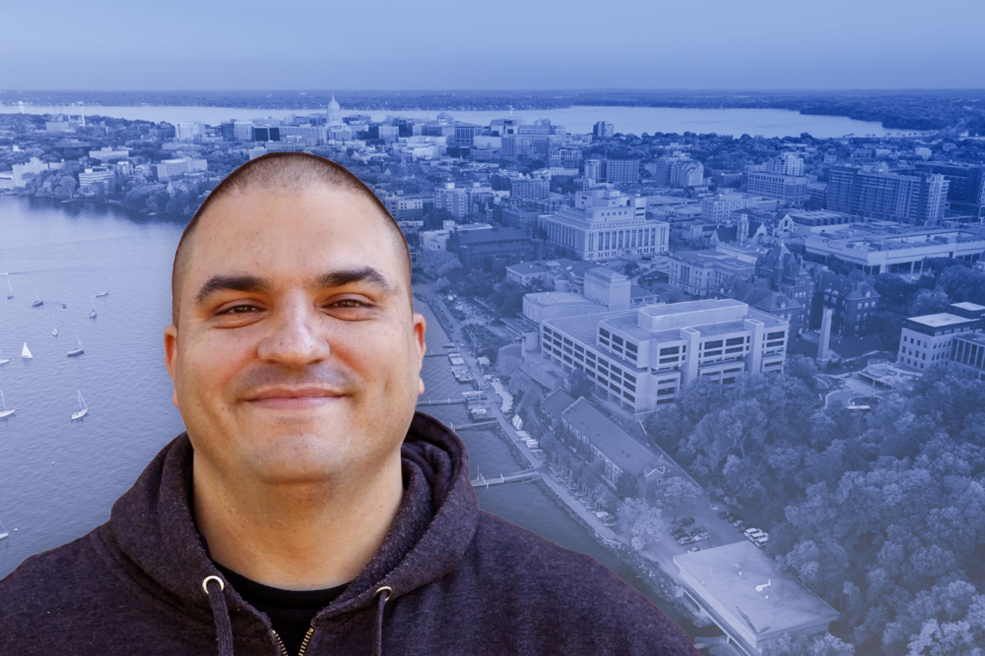 A headshot of Justice Mya Castañeda is silhouetted over a aerial view of Madison, WI, that is tinted blue.