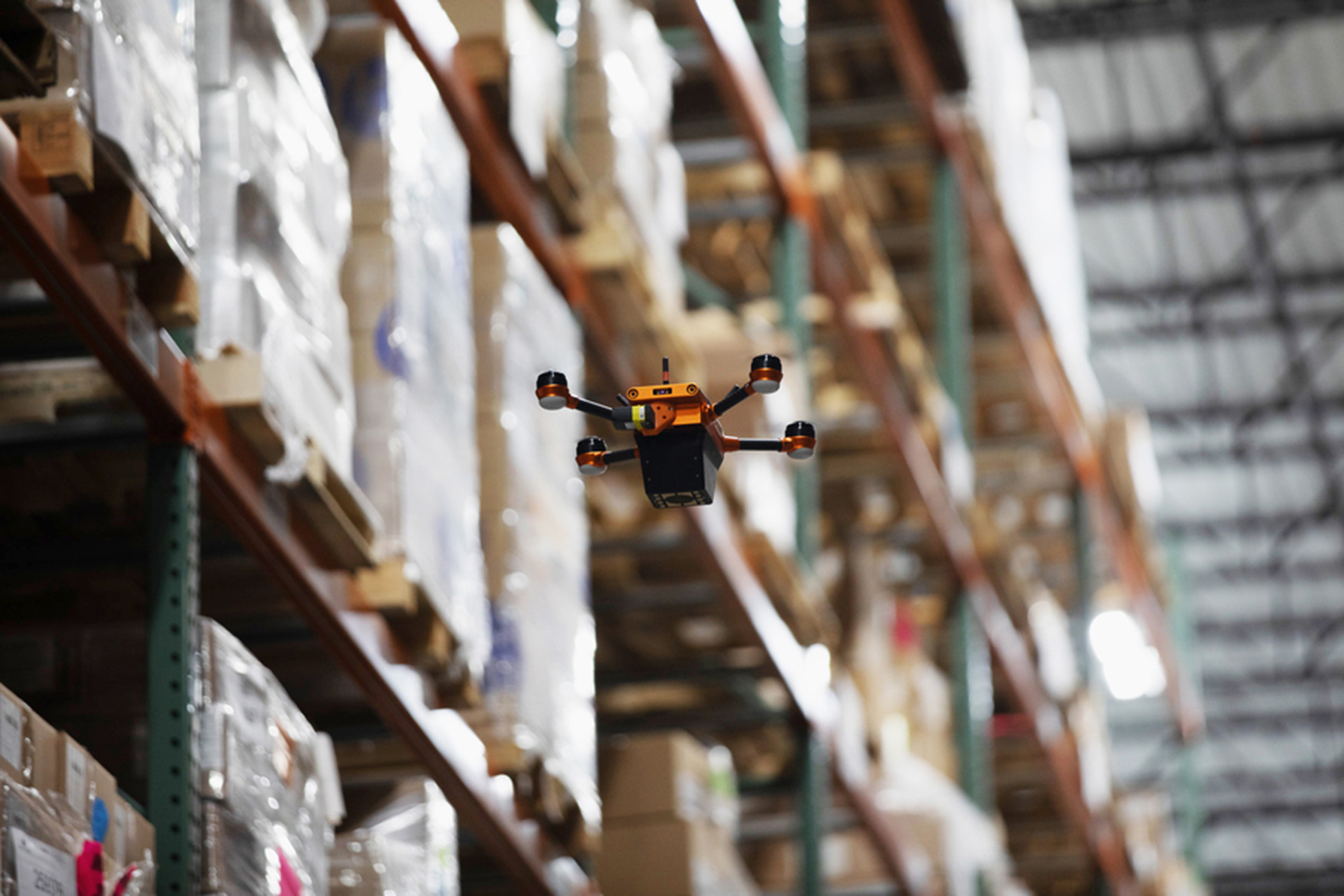 A drone flying in a warehouse