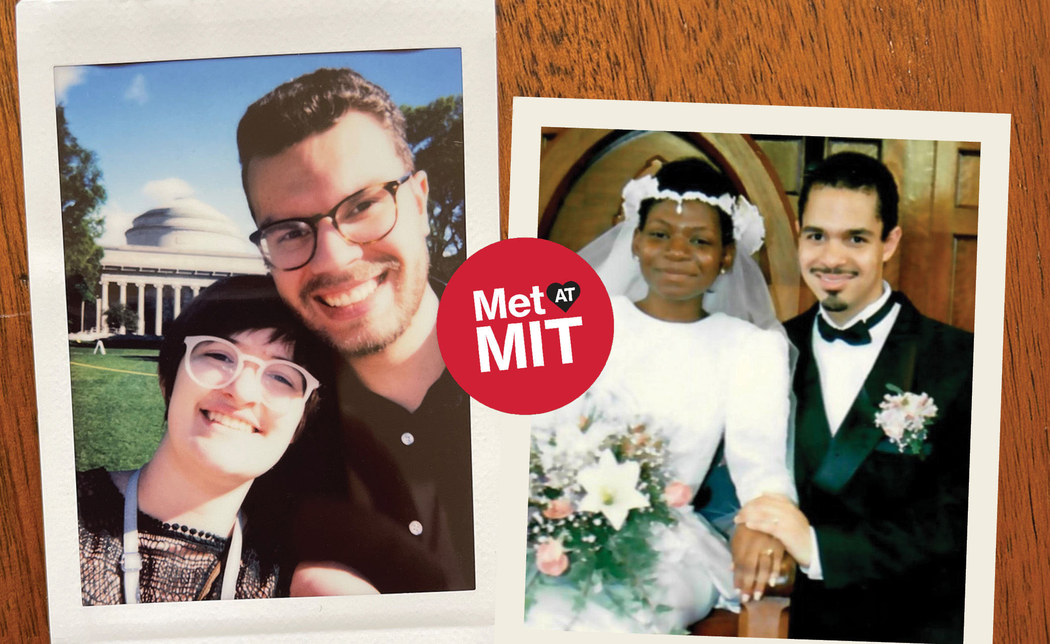 A photo collage with two images and a graphic that says Met @ MIT in the middle, image on the left is a couple taking a selfie outside with a building with columns behind and on the right a couple in a suit and wedding in a church