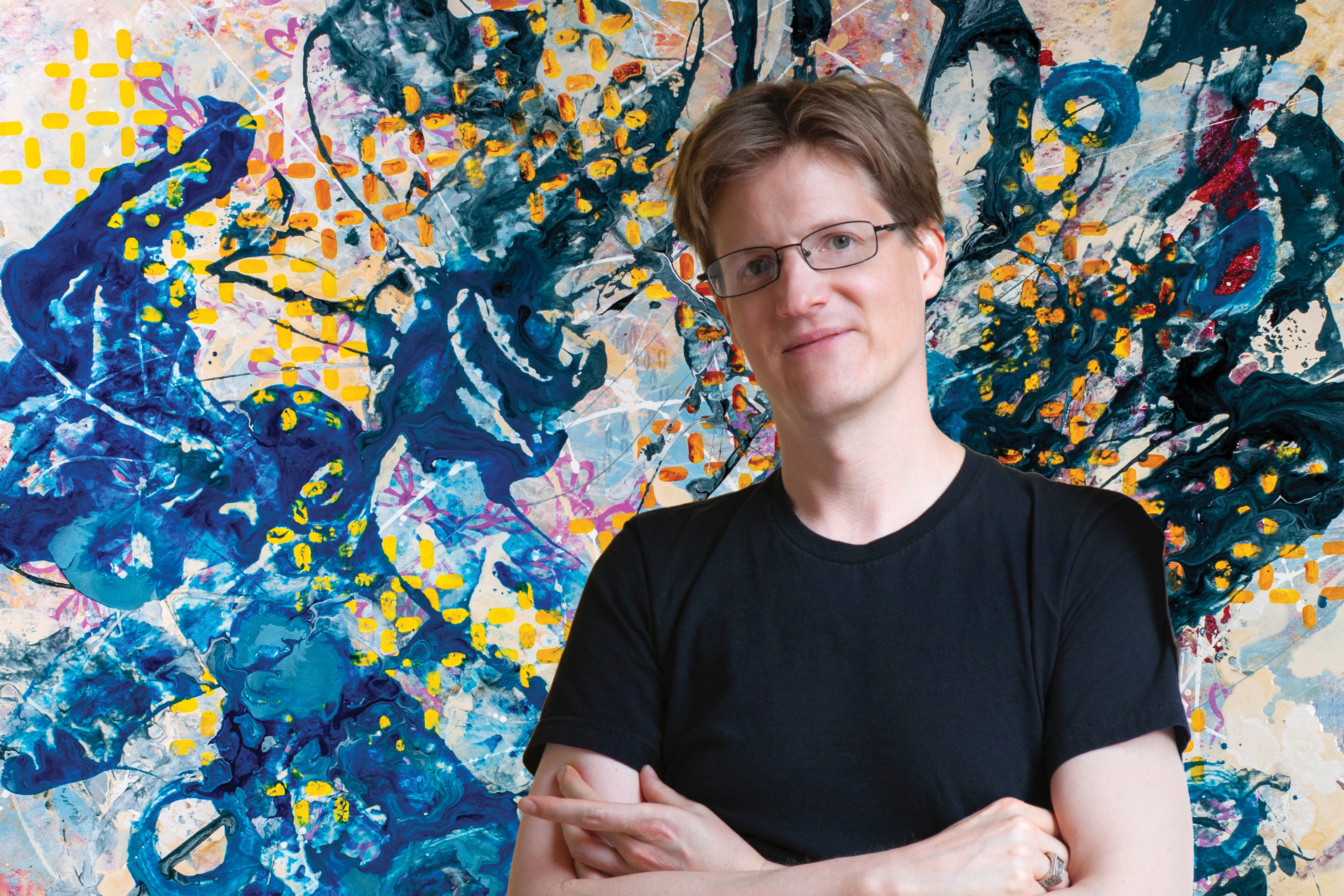 A portrait of Blake Brasher ’03 is silhouetted over an image of one of his artworks.