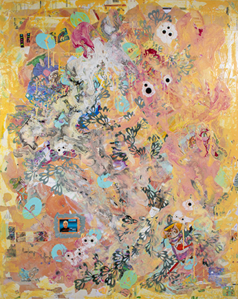 Abstract painting, largely yellow. What appears to be a small photograph of a person is inset.