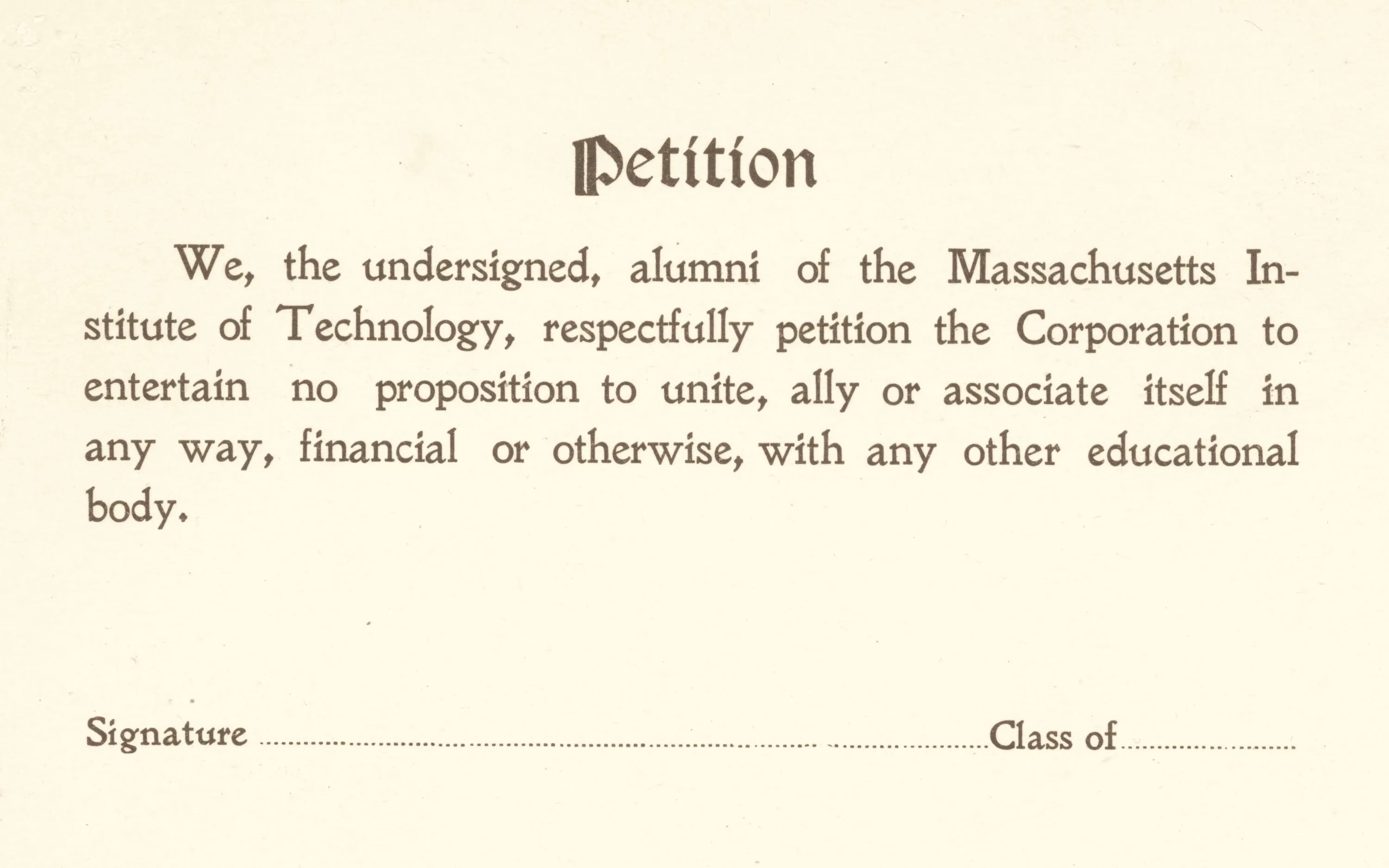 In 1904, class secretaries organized an anti-merger petition, and the association polled alumni on a possible merger with Harvard.