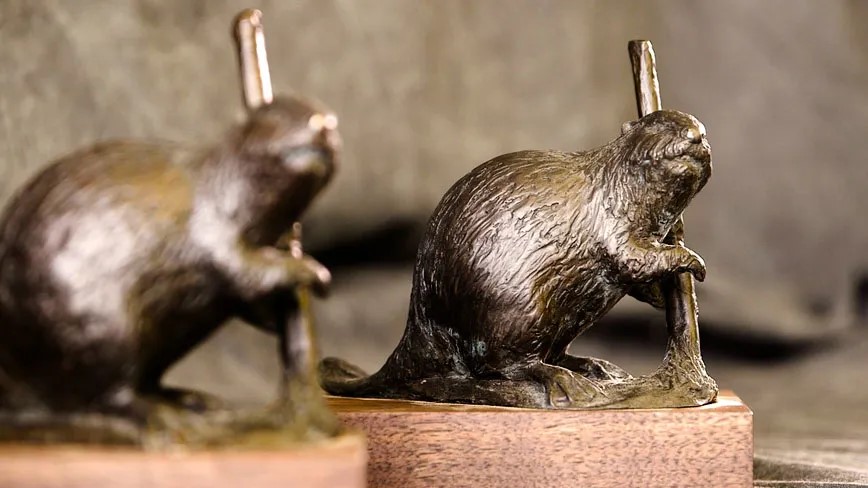 Closeup of two bronze beaver awards