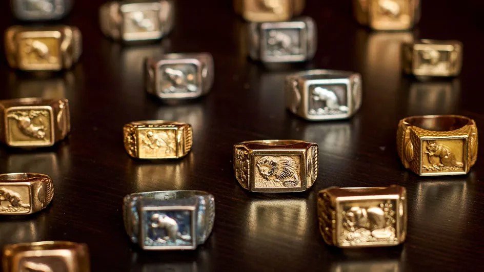 Close up of various brass rats on a table