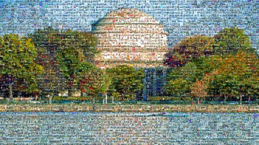 Photo mosaic of the dome surrounded by trees with the Charles River in the foreground; composed of small alumni headshots